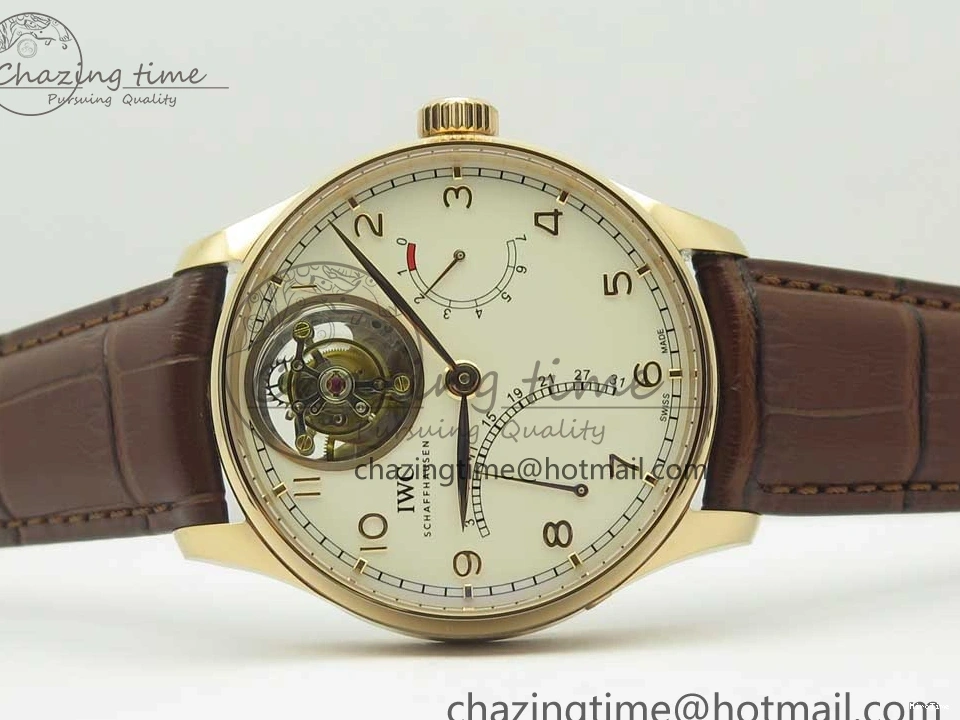 MIROTIME 0223 Portuguese Tourbillon IW504602 RG ZF Best Edition White Dial on Brown Leather Strap Stretchable 7178